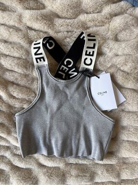 Celine Ribbed Crop Tank with Logo Straps - Light Gray NWT